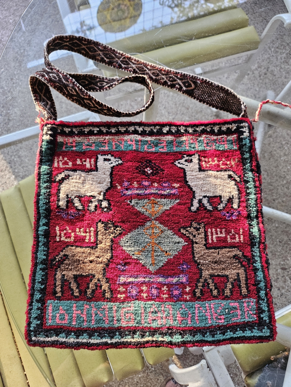 Vintage Handwoven Boho Red Alpaca Middle Eastern Motif Kilim Carpet Hobo Bag